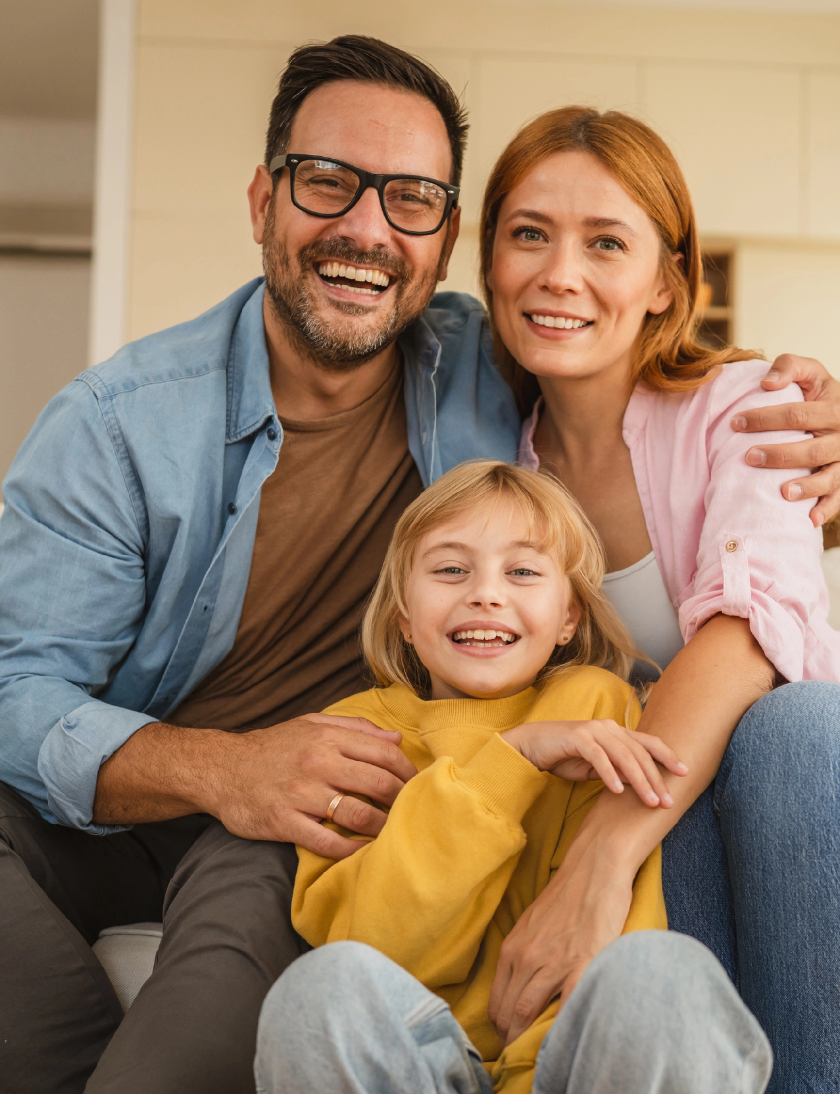 Smiling family sitting together on couch.